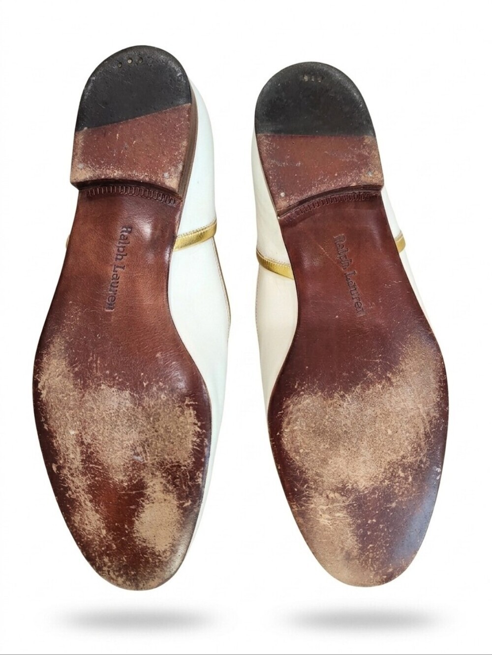 Vintage Ralph Lauren White Leather Gold Crest Loafers Made In Italy, 8B - Picture 6 of 10